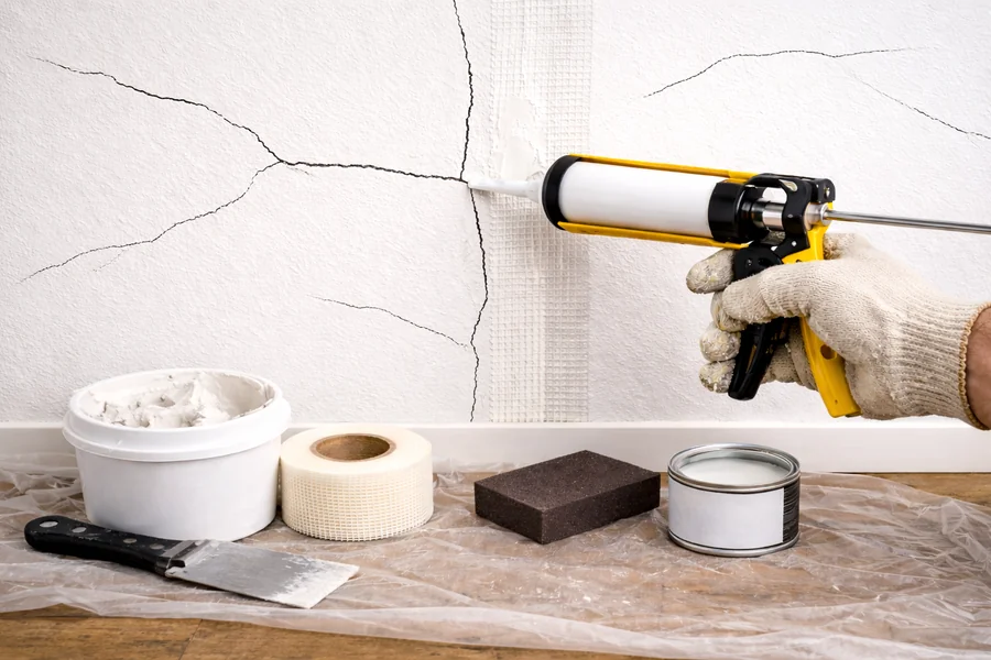 repair hairline wall cracks with mesh tape and filler on interior wall