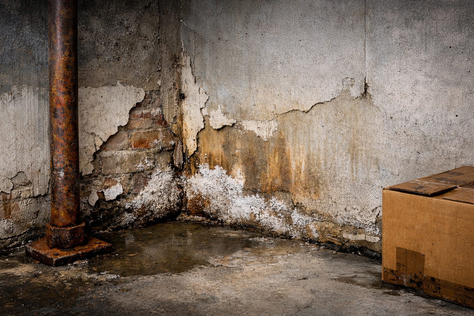 Damp basement corner with peeling paint, salt deposits, and water stains