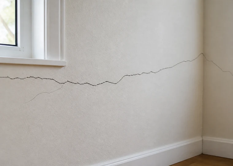 Horizontal interior wall crack under a window near the room corner