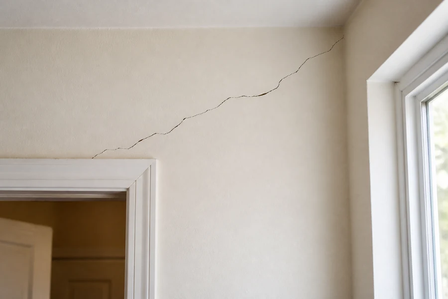 Interior wall cracks near a door frame and window on a painted wall