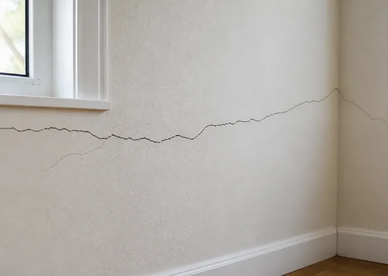 Horizontal interior wall crack under a window near the room corner